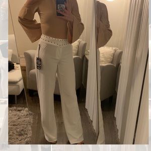 White Wide Leg Trousers with Silver Belt detailing